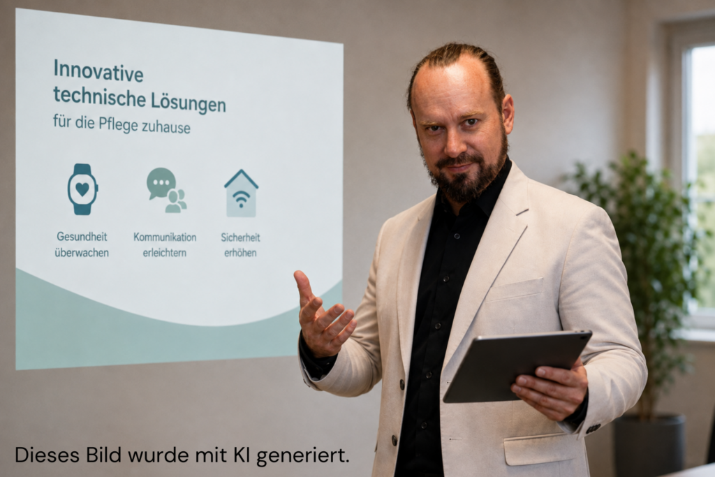 Mann mit iPad vor Leinwand