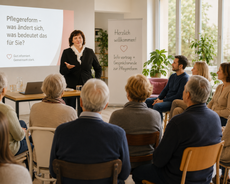 Frau steht vor sitzendem Vortragspublikum